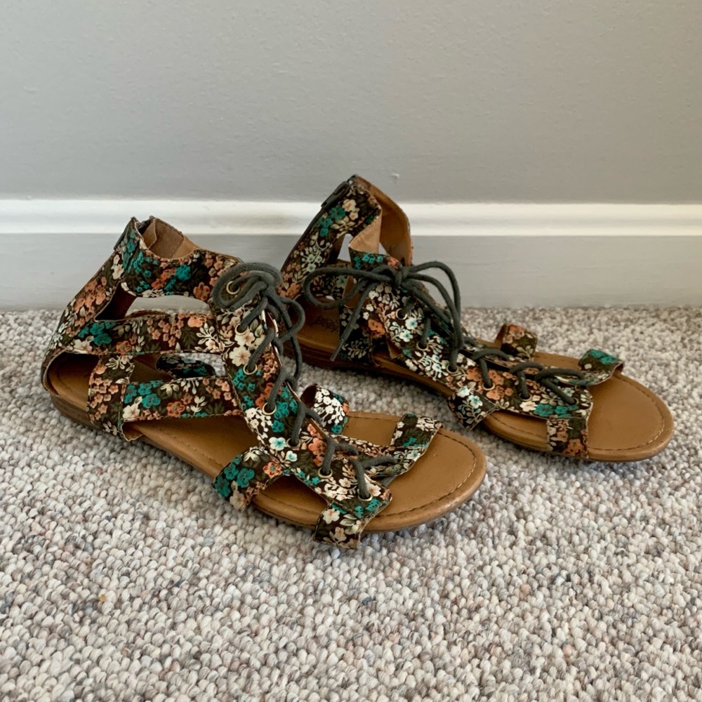 Black Poppy Lace Up Floral Gladiator Sandals